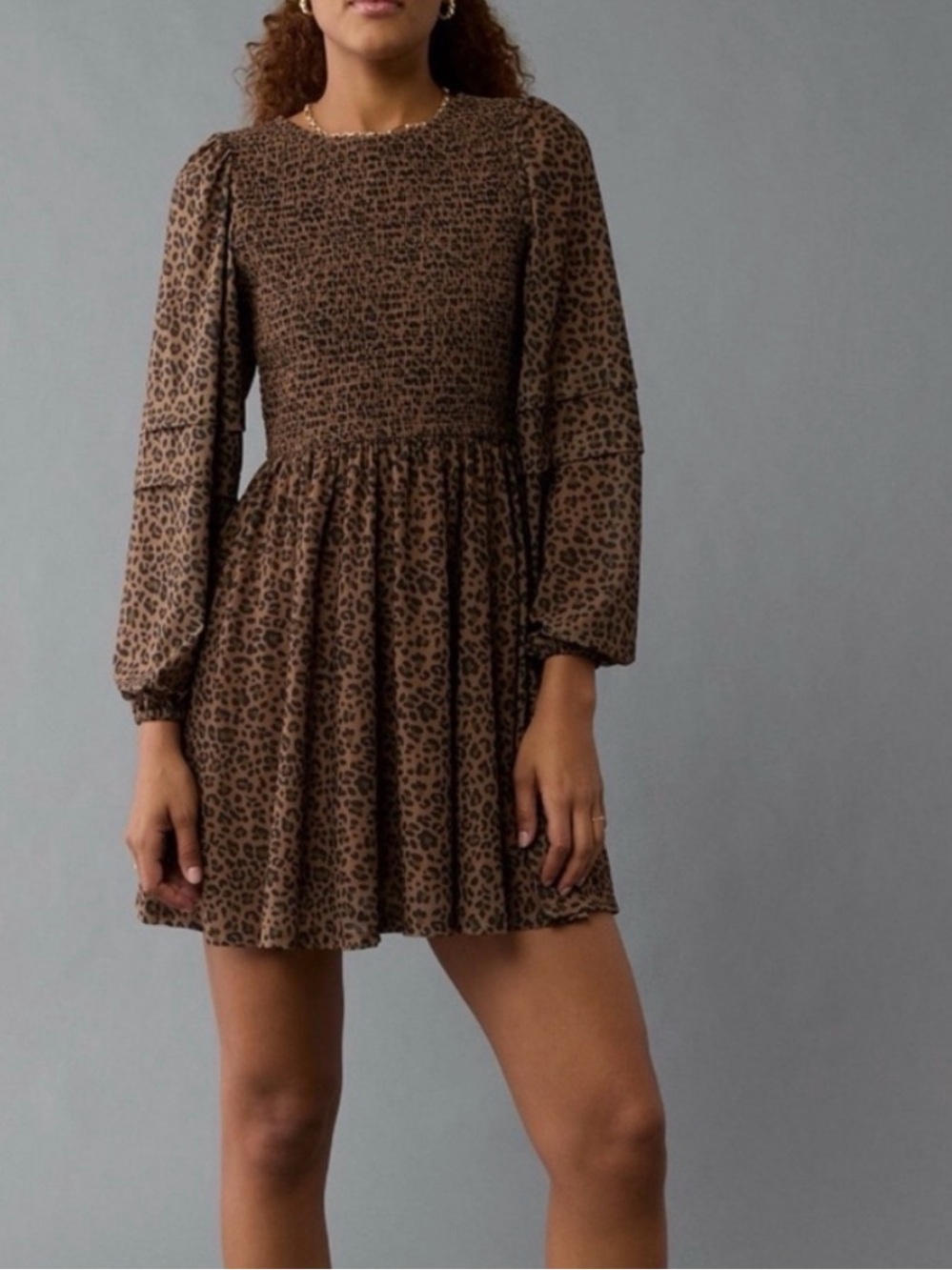 American Eagle Outfitters Brown Leopard Print Long Sleeve Smocked Dress